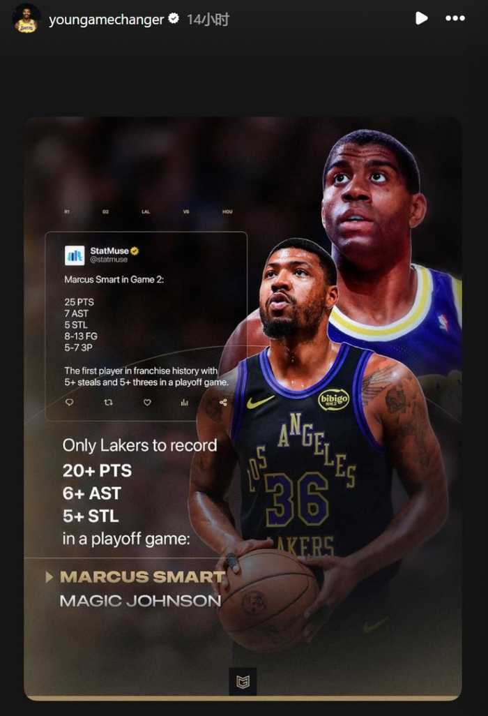 季后赛单场至少20分6助5断&湖人队史第二人比肩魔术师 斯玛特转发